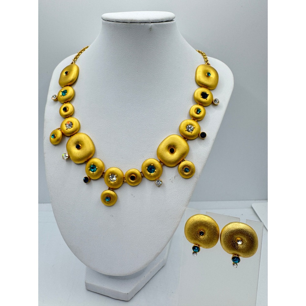 Vintage Style Brutalist Gold Tone Rhinestone Statement Necklace & Earring Set